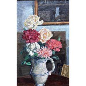 Marius de Buzon Tableau Orientaliste  bouquet de fleur Miroir salon Alger intérieur 1930