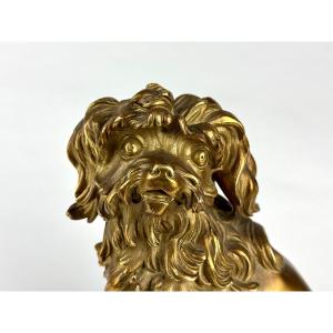 Gilded Bronze Portrait Of A Small Lion Dog (löwchen) And A Caffieri Poodle, Louis XVI Style, Marble
