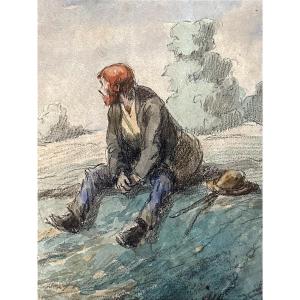 Auguste Lucien Bognard dessin original art nouveau portrait de vagabond chemin paysage