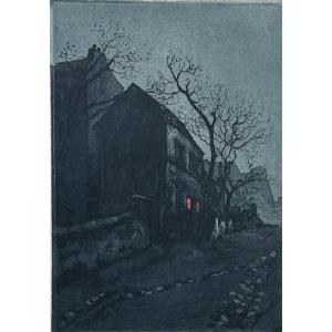Gen Paul Paris Montmartre paysage cabaret Le Lapin Agile la nuit Bleue gravure 