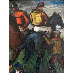 Rodolphe Caillaux Tableaux moderne course hippique chevaux jockeys paddock lad école de Paris 