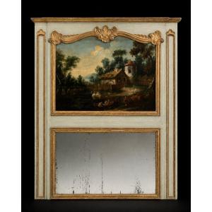 Grand  Miroir trumeau de boiserie d’époque Louis XV paysage lacustre  miroir 190cm Chateau