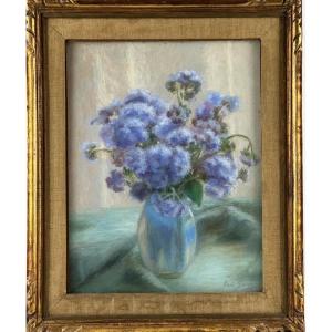 Hadrienne Yarz tableau bouquet d hortensias bleu pays basque pastel 1930