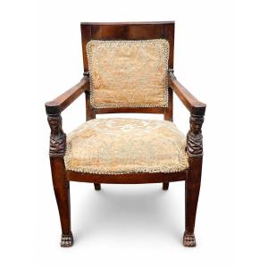 Antique Carved Wooden Armchair With Caryatids In The Empire Style By Jacob-desmalter, 19th Century