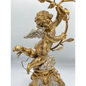 Gilded Wooden Lamp, Baroque Style, Putto Angel, Love, Gilded Wood, Silver-plated, Art Deco, 51 Cm