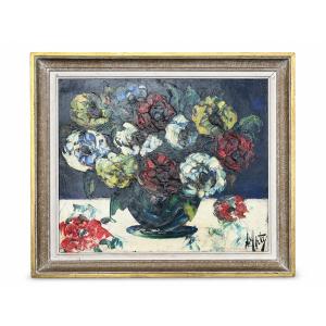 Henri d'Anty, "bouquet Of Peonies In A Vase," Hst XX, School Of Paris, Expressionist Painting, Framed