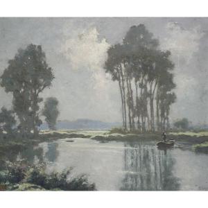 Hippolyte Léty Lively Landscape The Boatman, River, Mist, River, Poplar, Sky