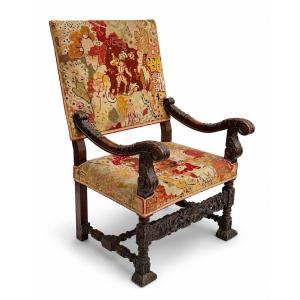 Grand fauteuil d'apparat dos plat renaissance bois sculpté dragon tapisserie 19ème