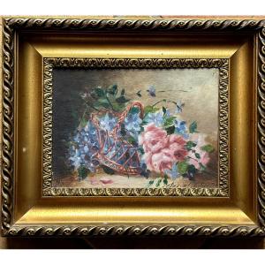 Jules Georges Pascal: Charming Painting Of A Bouquet Of Flowers—violets And Roses In A Wicker Basket, 19th Century