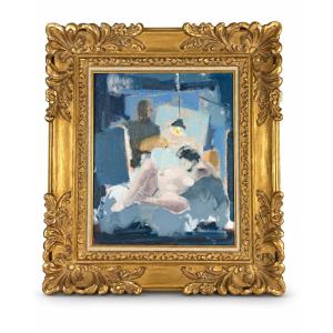 Bernard Piga Tableau érotique portrait le peintre et son modèle dans l'atelier hst cadre XX