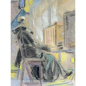 Portrait du musicien Dom Clément Jacob jouant l’orgue de l’ abbaye d'En-Calcat Roger Worms 1943