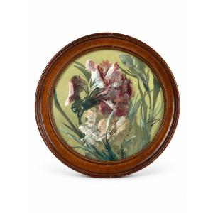 Victor Gilbert Art Nouveau Painting: Bouquet Of Iris Flowers, Still Life, Round Medallion 