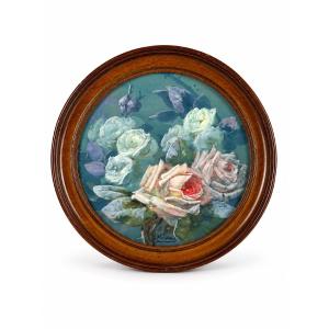  Gouache Painting: Bouquet Of Roses In An Art Nouveau Roundel
