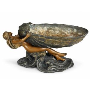 Henry Fugere Art Nouveau-style Bronze Sculpture Of A Mermaid Holding A Shell, 36 Cm