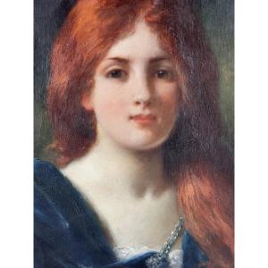 Jules-Frédéric Ballavoine tableau Portrait de jeune femme rousse 19ème cadre doré hst