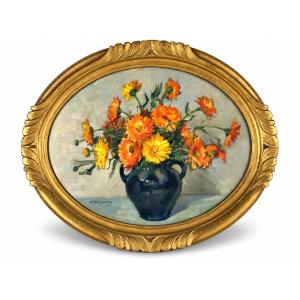 Marie Antoinette Queroy Tableau orientaliste bouquet de fleurs zinnias oriental Art déco hst