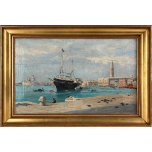 Emile Morlon Beautiful Painting Of A View Of Venice, A Lively Seascape Featuring A Boat, 19th-century Veduta