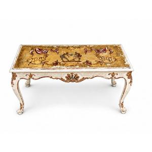 Table basse salon 1940 bois sculpté laqué verre églomisé doré commedia del Arte