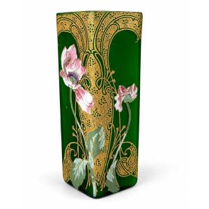 Legras Vase art Nouveau verre émaillé fleur cyclamens Montjoye 26cm