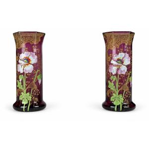 Legras Pair Of Vases, Purple-pink Glass With Art Nouveau Poppy Flower Enamel Design