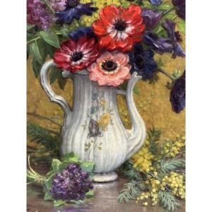 Alfred Magne tableau composition florale huile sur toile 1880