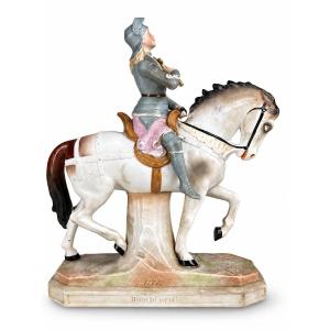 Porcelain Statue Of Joan Of Arc In Armor On Horseback, “god Wills It,” 1900