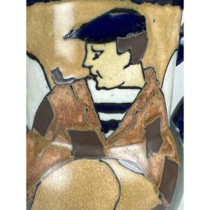 Paul Fouillen pichet Odetta HB Quimper Art Déco marin breton à la pipe grés Bretagne