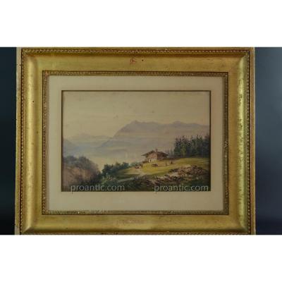 Aquarelle lac Léman Suisse Frédéric D'Andiran Bordeaux 1850