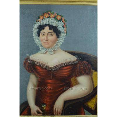 Tableau Ancien Portrait Empire Mariage Jeune Femme Coiffe Costume Coiffe Robe Hst XIXème