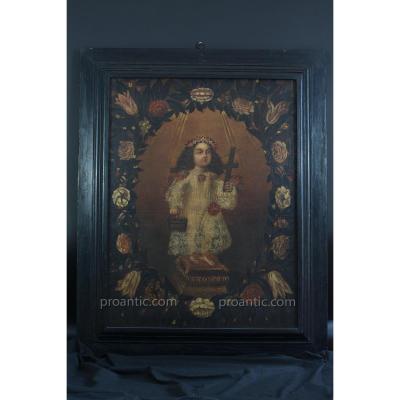 Tableau Baroque Religieux Portrait La Vierge Enfant Maria Bambina Signé Caniego Valladolid 17e 