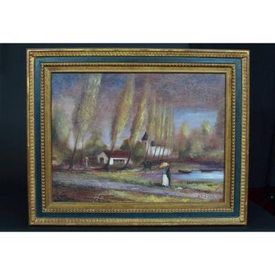 Beautiful Old Landscape Painting With Large Trees And Horsemen Signed Rj Bizet Frame Beaulieu N ° 1