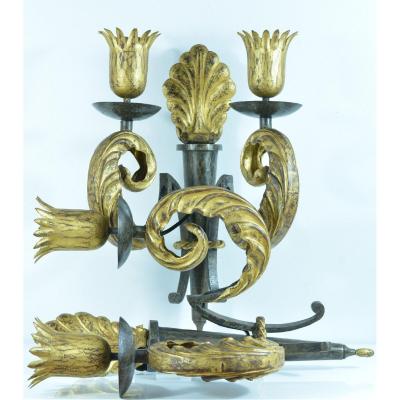 Gilbert Poillerat 1940 Pair Of Large Wall Sconces Metal Dore Baroque Design Deco Yves Gas