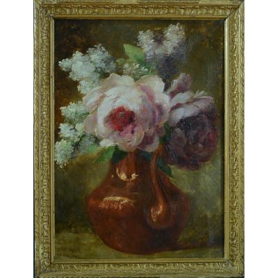 Ancien Tableau  Signé Titgat Bouquet De Pivoines Et Lilas Nature Morte Signée 1900 Hst