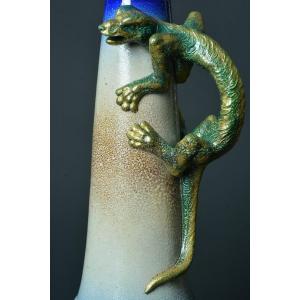 Victor Kremer Sarreguemines Vase Gres A Sel Art Nouveau Salamander Rare 19th