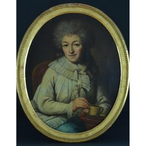 Portrait Monique Daniche Tableau Ancien   Dame De Qualité Costume Louis XVI 18 ème Ovale Hst sv 