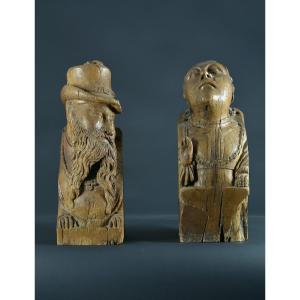 Pair Of Large Flanders Carved Wood Facing 15th Crow Character Portrait