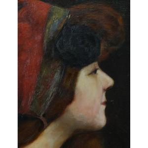 Augustin Zwiller Beautiful Old Painting Portrait Young Redhead Woman Art Nouveau Headdress Senelier H