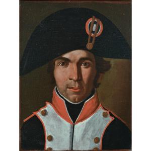 Ancien Tableau Portrait d'Homme Soldat Bicorne Napoléon Austerlitz Empire Militaria