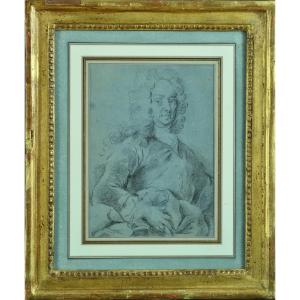 Old Painting Drawing Portrait Of A Gentleman Wig Louis XIV Golden Frame