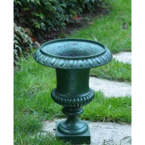 Ancien Vase Médicis Décor Godrons Sur Pied Fonte Jardin Vert 19 ème