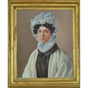 Ancien Tableau Portrait Jeune Femme Costume Robe Mode Dentelle Charlotte 1840