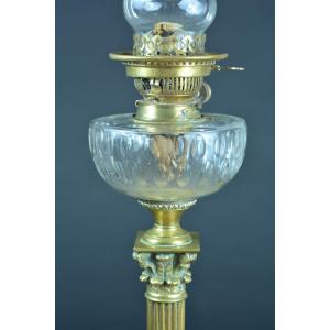 Ancienne Grande Lampe à Pétrole Bronze Baccarat Louis XVI Colonne Corinthienne