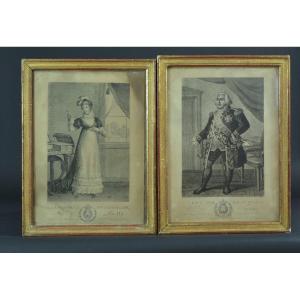 Anciennes Gravures Royaliste Louis XVIII Duchesse d' Angoulême Cadre Bois Doré