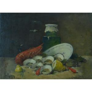 Constantin Le Roux Ancien Tableau Nature Morte Huître Homard Bocal Verre Cuisine 19e