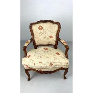Old Large Cabriolet Armchair Louis XV Carved Wood Beech 18th