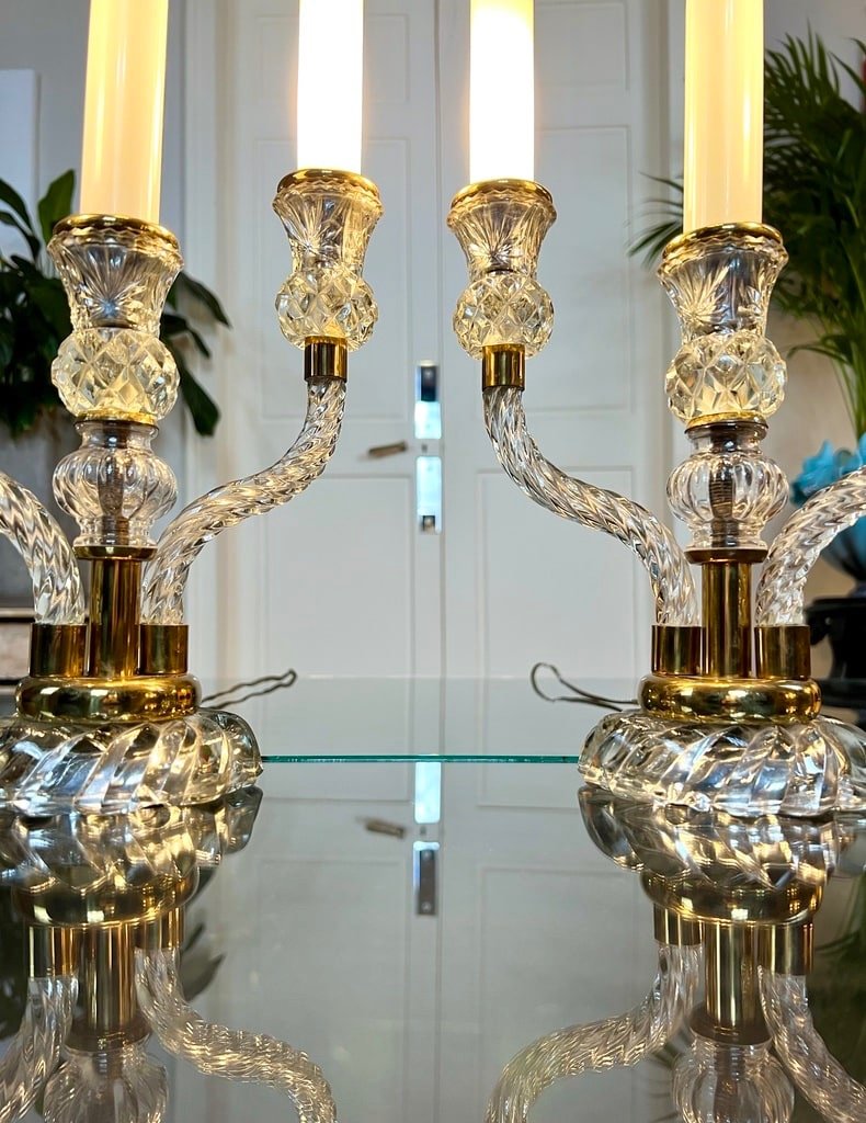 Pair Of Table Lamps - Art Deco Girandoles In Glass And Fake Opaline Candles-photo-2