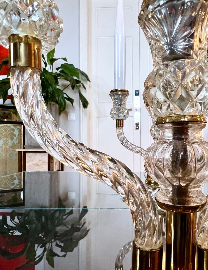 Pair Of Table Lamps - Art Deco Girandoles In Glass And Fake Opaline Candles-photo-3