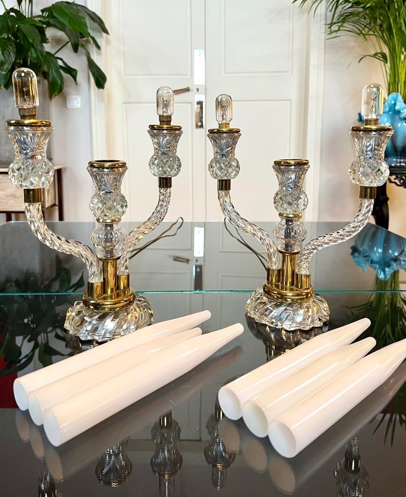 Pair Of Table Lamps - Art Deco Girandoles In Glass And Fake Opaline Candles-photo-1