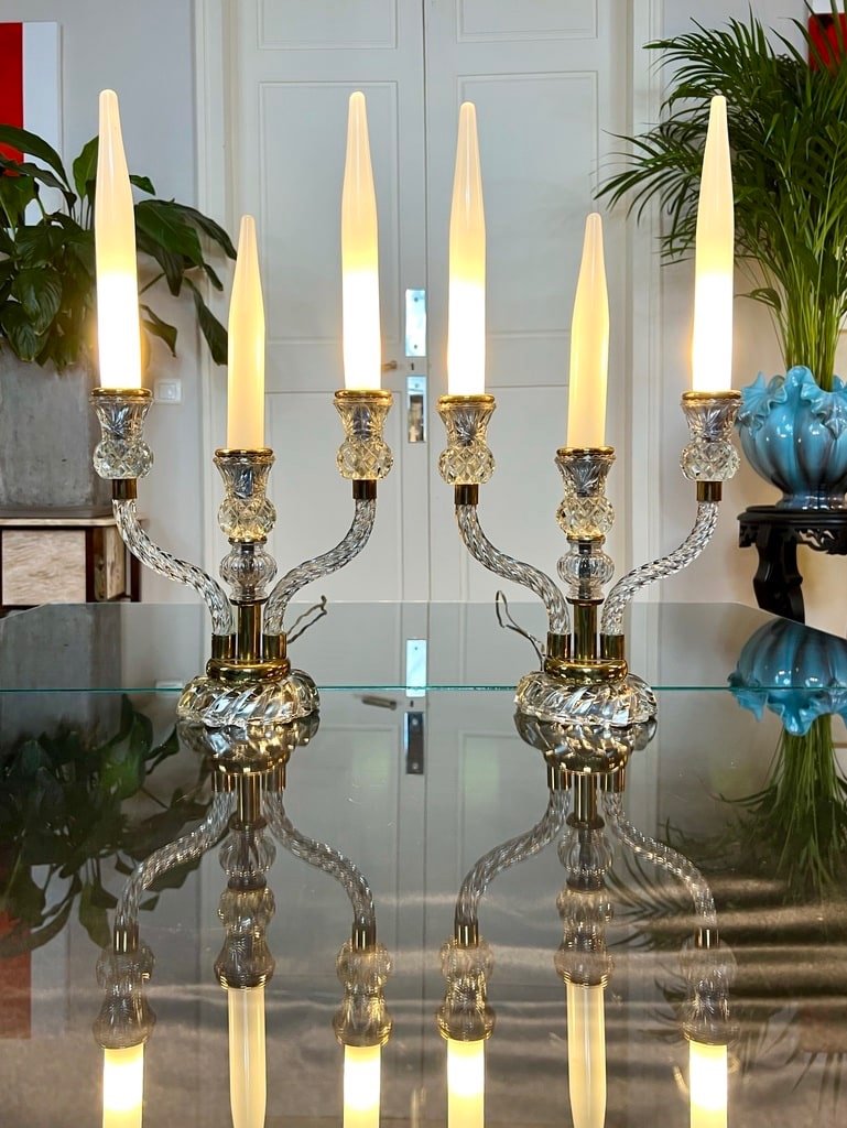 Pair Of Table Lamps - Art Deco Girandoles In Glass And Fake Opaline Candles-photo-2