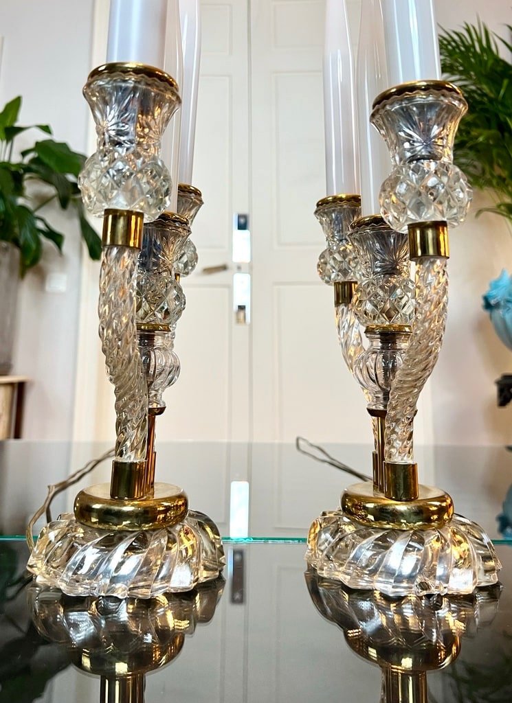 Pair Of Table Lamps - Art Deco Girandoles In Glass And Fake Opaline Candles-photo-3